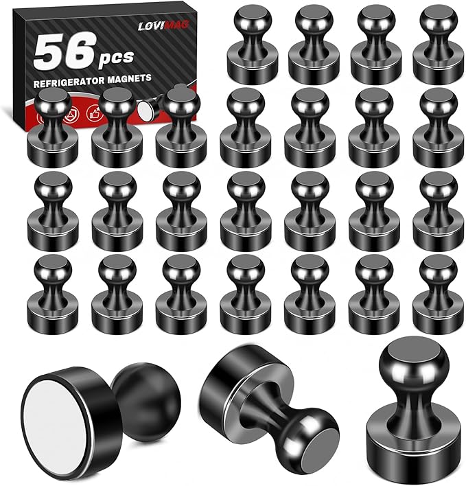 LOVIMAG Refrigerator Magnets, 56 Pcs Fridge Magnets Black Strong Magnets for Whiteboard, Small Neodymium Magnets for Fridge, Push Pins Magnets Ideal for Kitchen Magnets, Office Magnets, Map Decorative-DeskLoop Office