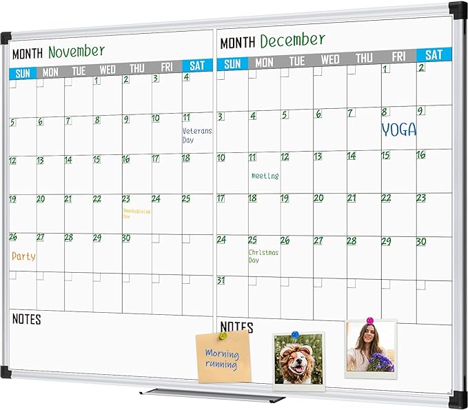XBoard Magnetic Calendar Whiteboard 48" x 36" - 2 Month Dry Erase Board, White Board + Colorful Calendar Board, Silver Aluminium Framed Monthly Planning Board-DeskLoop Office