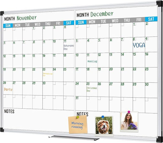 XBoard Magnetic Calendar Whiteboard 48" x 36" - 2 Month Dry Erase Board, White Board + Colorful Calendar Board, Silver Aluminium Framed Monthly Planning Board-DeskLoop Office