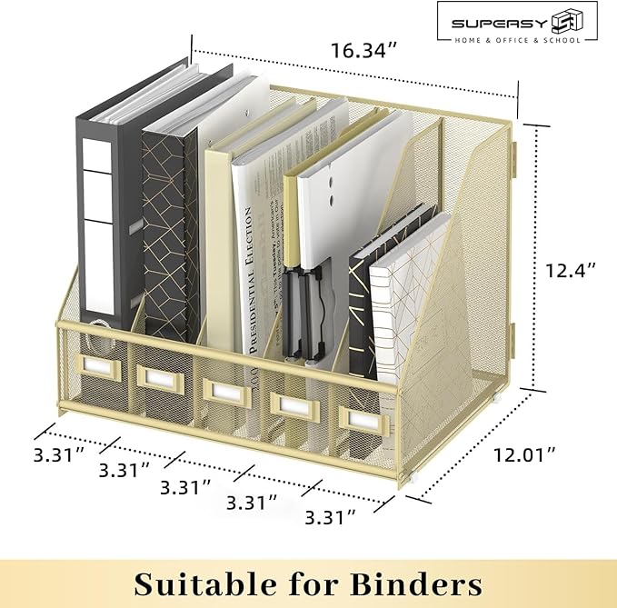 SUPEASY Desk Organizers Metal Desk Magazine File Holder with 5 Vertical Compartments Rack File Organizer for Office Desktop, Home Workspace, Golden Yellow, Plus-DeskLoop Office