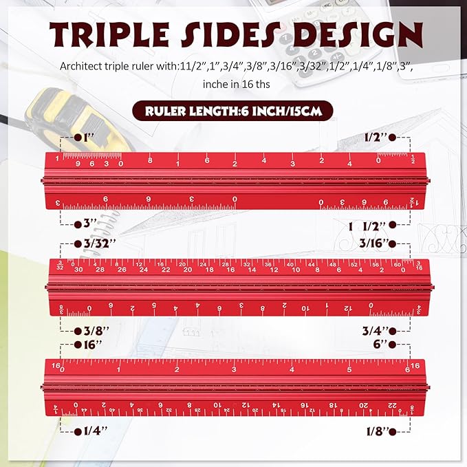 Fumete 12 Pack 6 Inch Architectural Engineering Scale Rulers Small Scale Ruler Pocket Size Scale Ruler Construction Rulers Imperial Measurements for Architects Engineering, Draftsman Drawing(Red)-DeskLoop Office