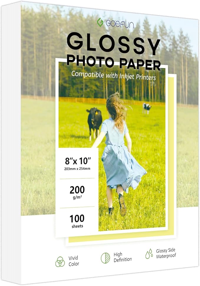 100 Sheets Glossy Photo Paper 8x10, Goefun 200GSM/54LB Inkjet Printer Paper for Dye Ink-DeskLoop Office