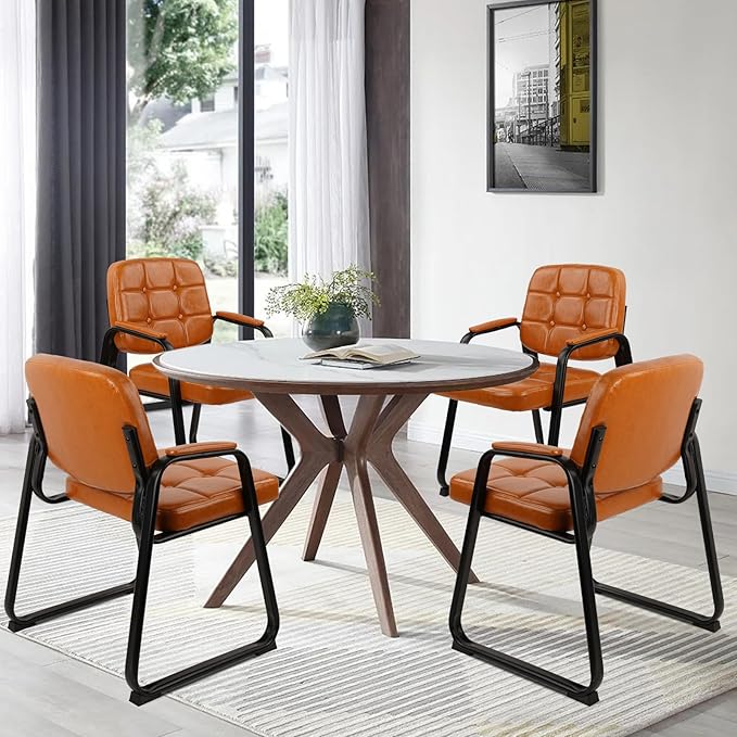 CLATINA Office Guest Chair, Leather Reception Chairs with Padded Arms, Desk Chair No Wheels Stationary for Conference Lobby Waiting Room Training Side Elderly, Set of 4-Orange-DeskLoop Office