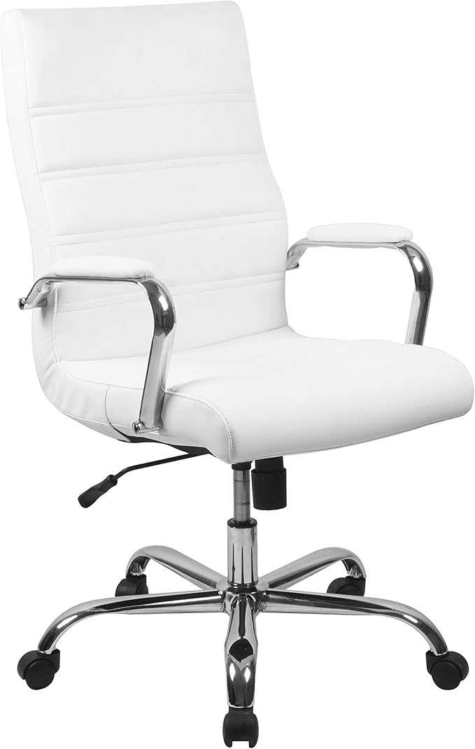 Flash Furniture Whitney High-Back Swivel LeatherSoft Desk Chair with Padded Seat and Armrests, Adjustable Height Padded Office Chair, White/Chrome-DeskLoop Office