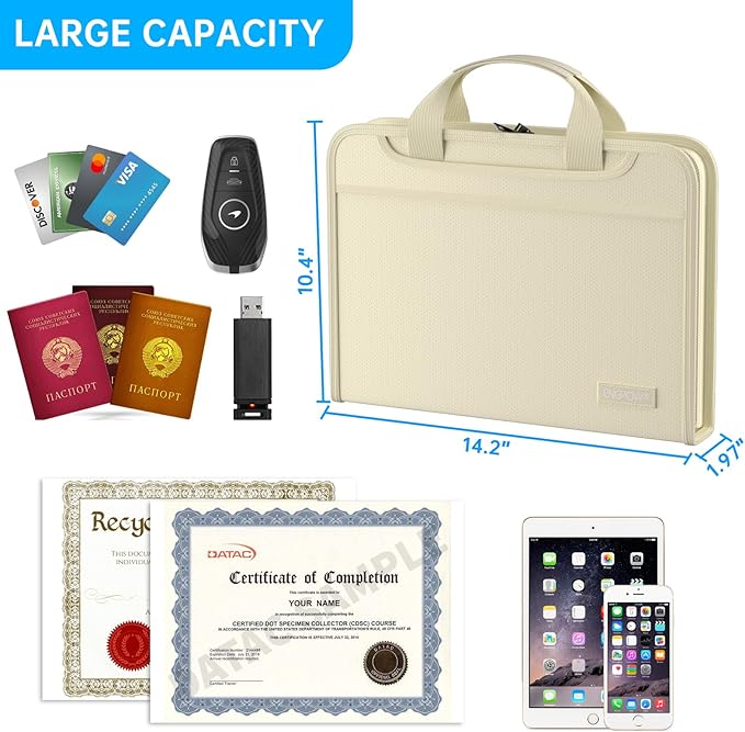 ENGPOW Accordion File Organizer,Fireproof Expanding File Folder with Multi Pockets,13 Pockets Document Organizer Bag with Handle & Labels,Portable Home Travel Safe Storage for Letter A4 Files,Beige-DeskLoop Office