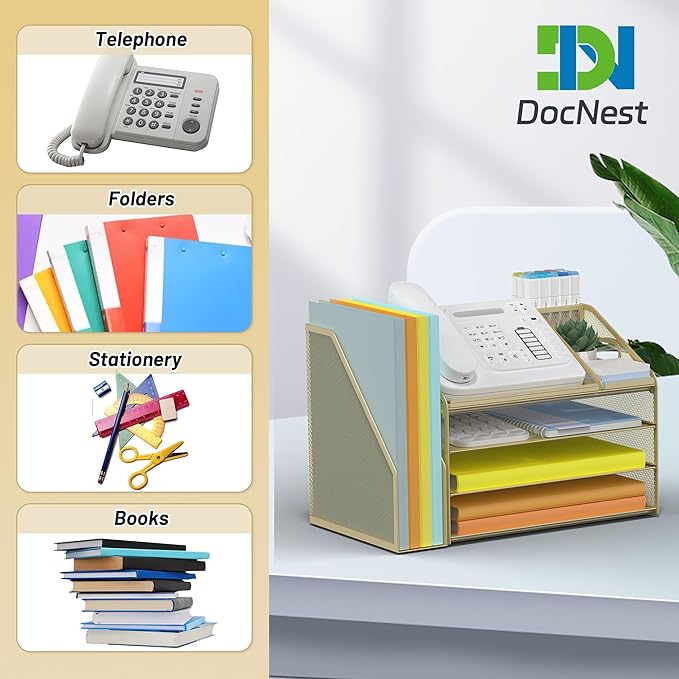 DocNest 4 Tier Paper Letter Tray File Organizer, Mesh Desk File with Handle, Workspace Desk Organizers with Pen Holder, Office Organization Storage Accessories - Gold Yellow-DeskLoop Office