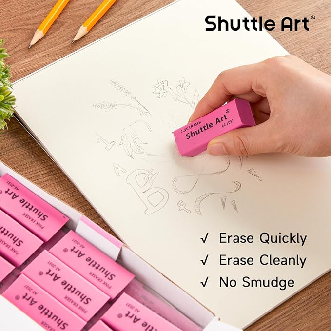 Shuttle Art Pink Erasers, 200 Pack Bulk for School, Office, Latex-Free Soft Erasers for Kids, Teachers as School Supplies-DeskLoop Office