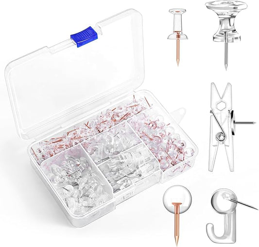 240Pcs Clear Thumb Tacks,5 Style Thumbtacks, Clear Plastic Push Pins for Cork Board, Bulletin Boards, Wall-DeskLoop Office