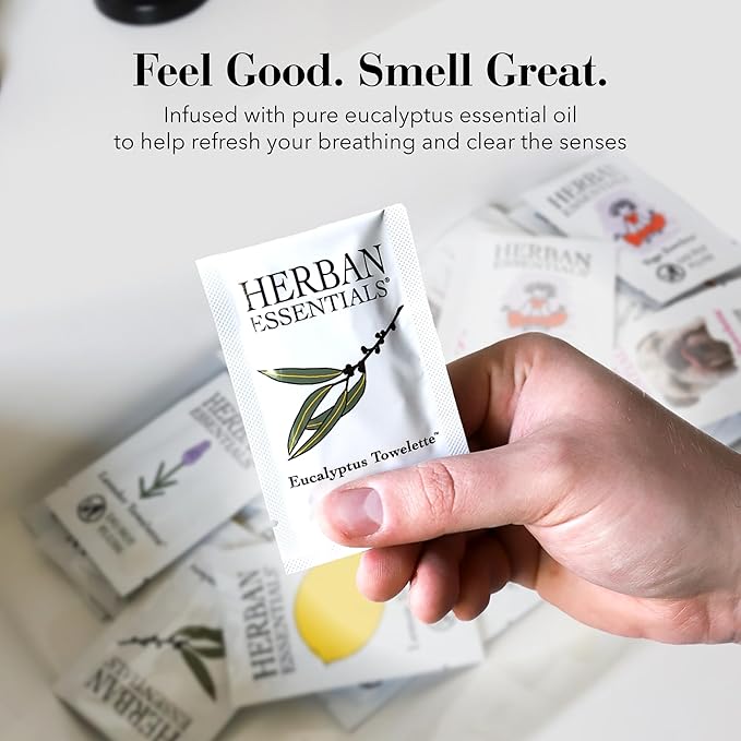 Herban Essentials - Eucalyptus Wipes & Towelettes - Essential Oil Wipes for Hands & Body - Travel Size Essentials and Toiletries - Natural, Individually Wrapped, Disposable & Moist Refresh (20 count)-DeskLoop Office