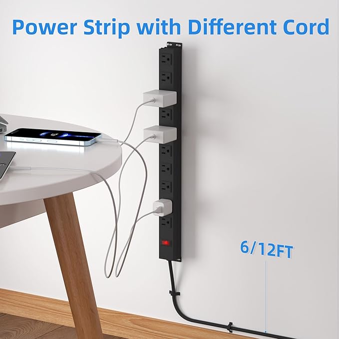 10 Outlet Power Strip 6FT Long Extension Cord Heavy Duty Power Strip Wall Mount Outlet Metal for Kitchen,Office,School,Garage,Workshop,Industrial,125V/15A/1825W,Black(6FT)-DeskLoop Office