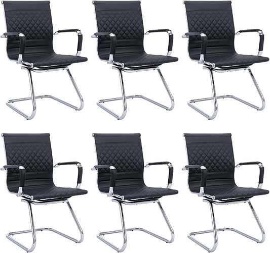 Office Guest & Reception Chairs - Set of 6 Mid-Back Modern PU Leather Desk Chairs, Black-DeskLoop Office