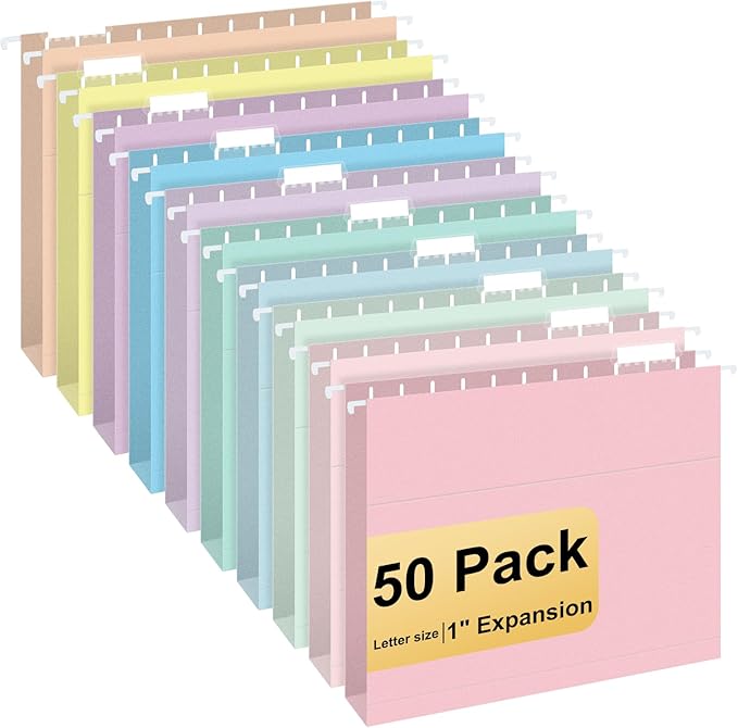 Hanging File Folders, 50 Pack Letter Size Hanging File folders with 1/5-cut Tabs, Stay Organized for Your Home and Office Bulk File, Documents and Paper, Macaron 10 Colors-DeskLoop Office