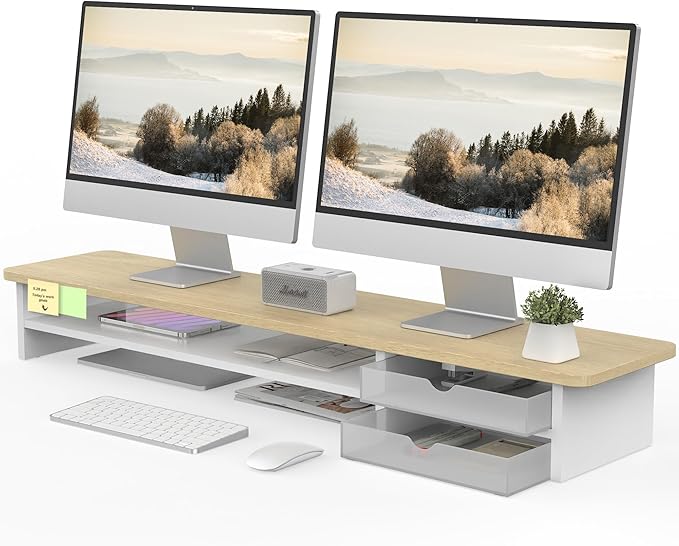 Fenge Monitor Stand, Dual Monitor Riser, 42.5inch Large Desk Computer Monitor Stand Riser with Drawer, 2 Tier Wood & Acrylic Desktop Organizer for Computer, Laptop, Printer, TV Screen Riser-DeskLoop Office