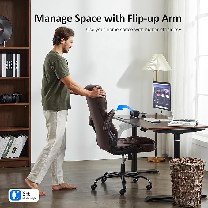 Office Chair, Executive Leather Chair Home Office Desk Chairs, Ergonomic Computer Desk Chair with Adjustable Flip-Up Arms, Lumbar Support Swivel Task Chair with Rocking Function (Brown)-DeskLoop Office