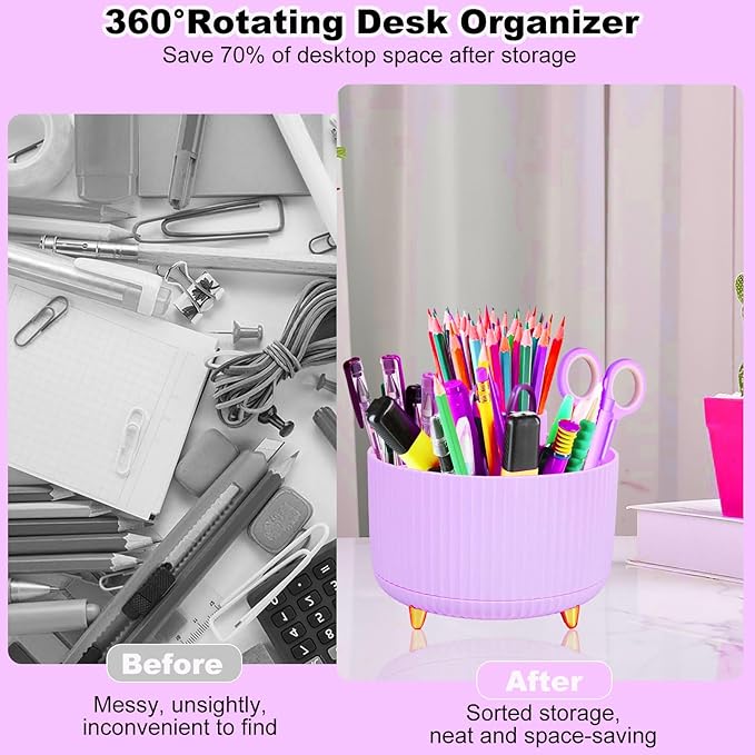 Purple Desk Organizers and Accessories 10Pcs Set with 360-Degree Rotating Pen Holder, Tape Dispenser, Stapler, Staple Remover, 1000 Staples, Tape, Clips Set, Ruler, Scissor, Pen (Purple)-DeskLoop Office