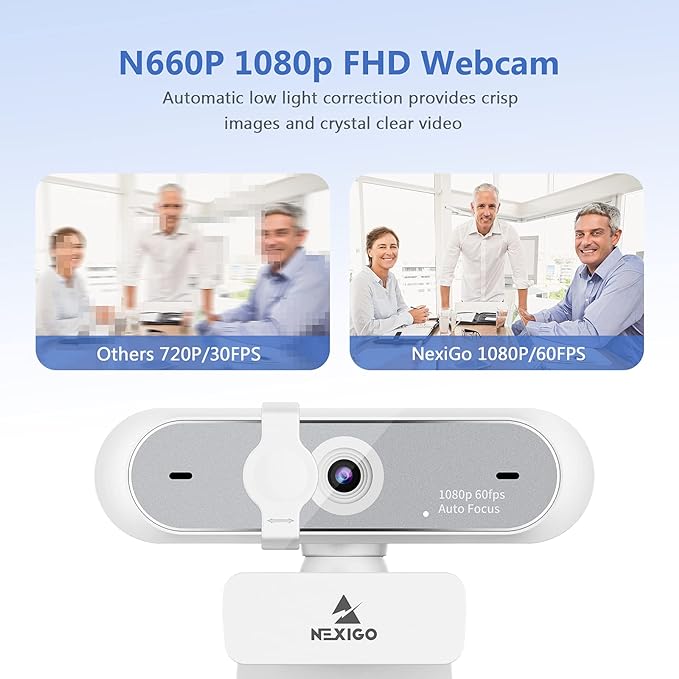 NexiGo N660P 1080P 60FPS Webcam with Software Control, Dual Microphone & Cover, Autofocus, HD USB Computer Web Camera, for OBS/Zoom/Skype/FaceTime/Teams/Twitch, White-DeskLoop Office