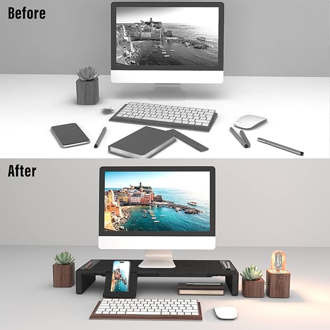 OImaster Monitor Stand Riser, Foldable Computer Monitor Riser, Adjustable Length Computer Stand and Storage Drawer & Pen Slot, Phone Stand Compatible Computer, Desktop, Laptop, Save Space (Black)-DeskLoop Office