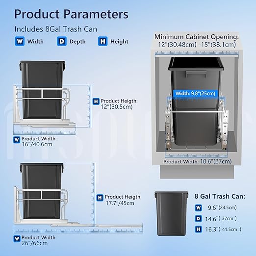 Insputer 8 Gal Pull Out Trash Can Under Cabinet, Heavy Duty Under Sink Garbage Can Kit with Soft-Close Slides for Kitchen, Laundry, Requires Minimum Cabinets Opening 12" W X 18" D-DeskLoop Office