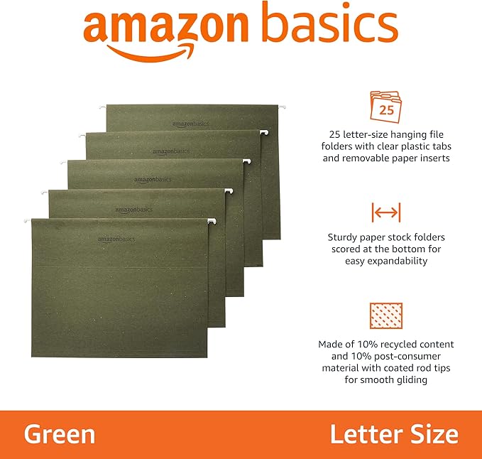 Amazon Basics Hanging Organizer File Folders for Efficient Filing, Sturdy, Adjustable Tabs, Letter Size, Pack of 25, Green-DeskLoop Office