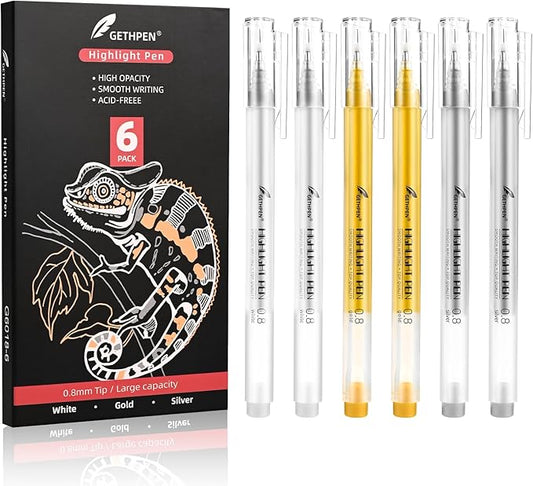 3 Colors 0.8mm Extra Fine Point 6-Pack Gel Pen Set – White, Gold & Silver Gel Ink Pens for Artists Drawing on Black Paper, Sketching, Bullet Journaling & Crafting-DeskLoop Office
