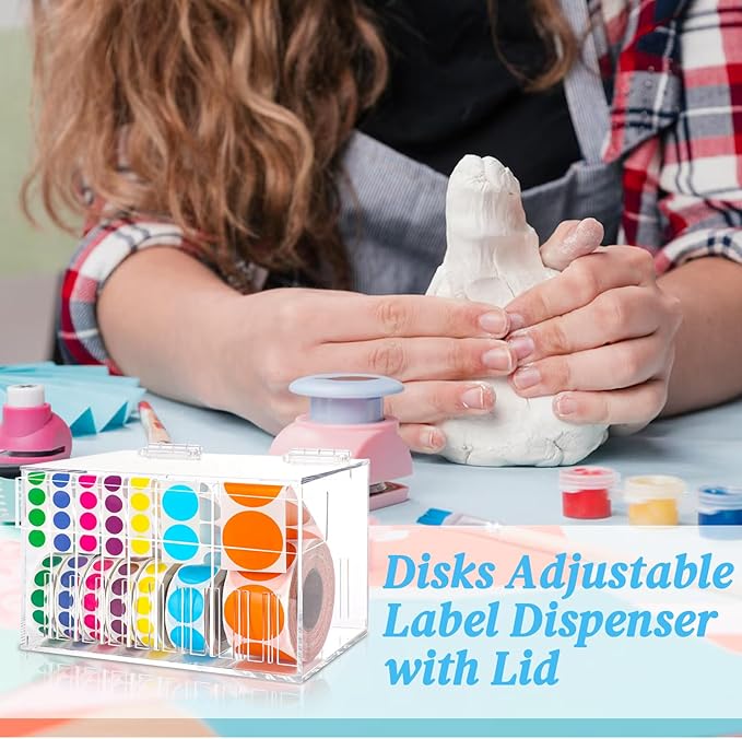 10 Disks Adjustable Label Dispenser with Lid 7.7 * 5.5 * 5.2 Inches Acrylic Sticker Dispenser Sticker Roll Holder for Holding Multi-Label Sticker Tape Date Markers Label Office (Not Include Sticker)-DeskLoop Office