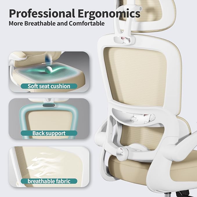 TRALT Office Chair Ergonomic Desk Chair, 330 LBS Home Mesh Office Desk Chairs with Wheels, Comfortable Gaming Chair, High Back Office Chair for Long Hours (Beige)-DeskLoop Office