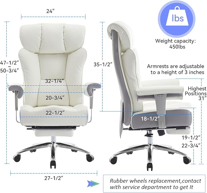 Efomao Big and Tall Office Chair 450LBS with Foot Rest, High Back PU Leather Executive Office Chair with Adjustable Padded Armrests, Lumbar Support for Home or Work, Heavy Duty Computer Chair, White-DeskLoop Office