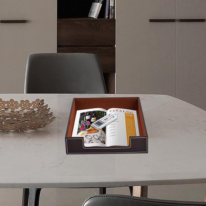 PU Leather 1-Layer Stackable Office File Document Tray Case Rack Paper Letter Tray Desk File Document Organizer Holder (Coffee)-DeskLoop Office