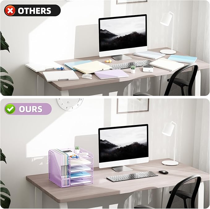 Marbrasse Desk Organizers and Accessories, 5-Tier Paper Letter Tray Organizer with File Holder, Mesh File Organizer, Office Desk Accessories & Organization for Supplies (Purple)-DeskLoop Office