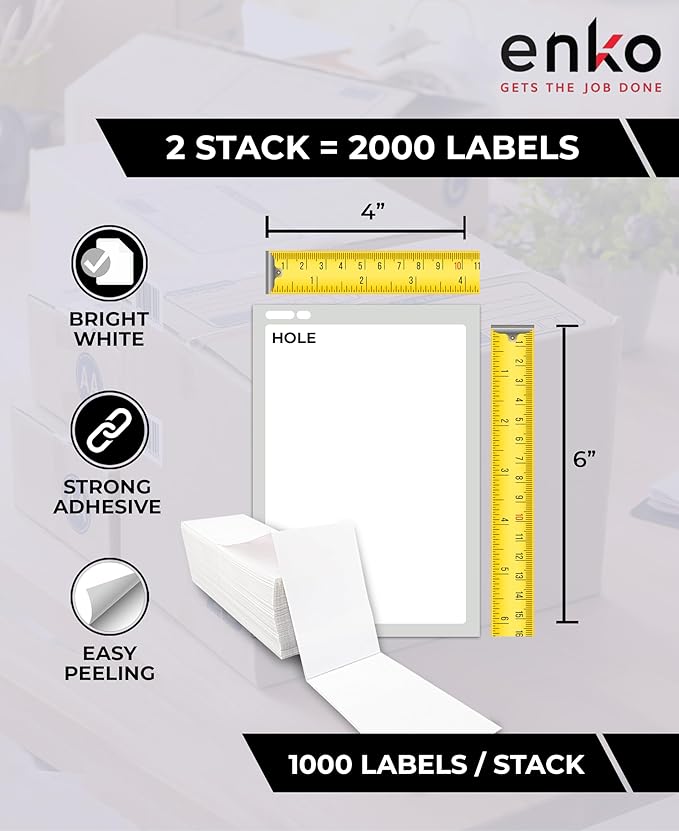 enKo 2 Stacks/2000 Labels 4"x6" Fanfold Direct Thermal Labels Compatible for Rollo Zebra Printer - Shipping Mailing Postage Labels, Perforated, Permanent Adhesive (2 Labels/Fold | 1000 Labels/Stack)-DeskLoop Office