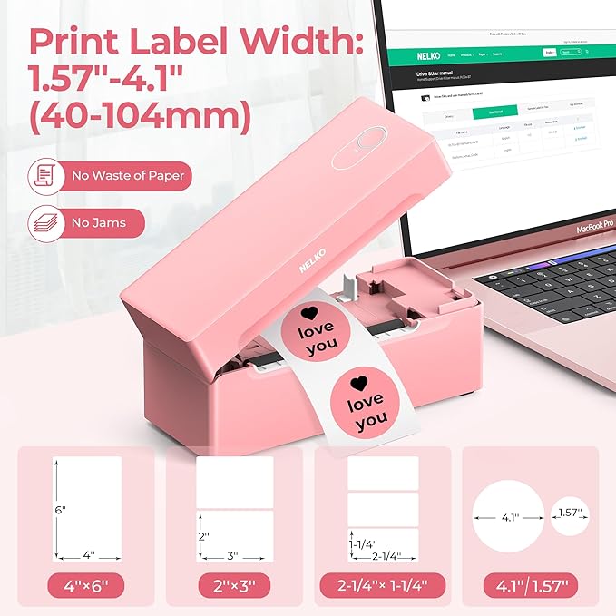 Nelko Bluetooth Thermal Shipping Label Printer, Wireless 4x6 Shipping Label Printer for Small Business, Support Android, iPhone and Windows, Widely Used for Amazon, Ebay, Shopify, USPS(Pink)-DeskLoop Office
