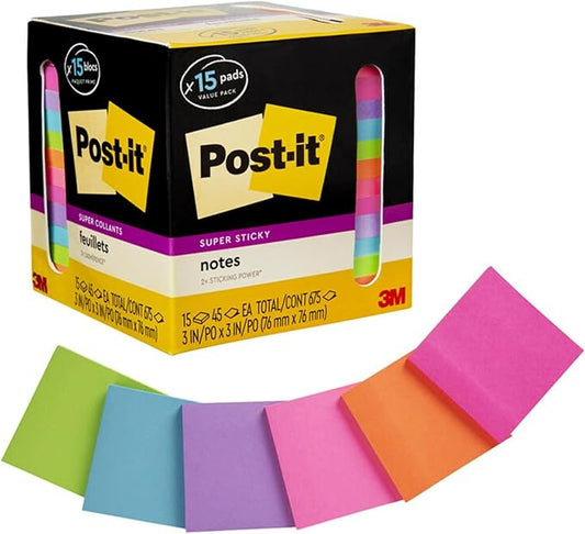 Post-it Super Sticky Notes, Assorted Bright Colors, 3x3 in, 15 Pads/Pack, 45 Sheets/Pad, 2X The Sticking Power, Recyclable, Multi-Color-DeskLoop Office