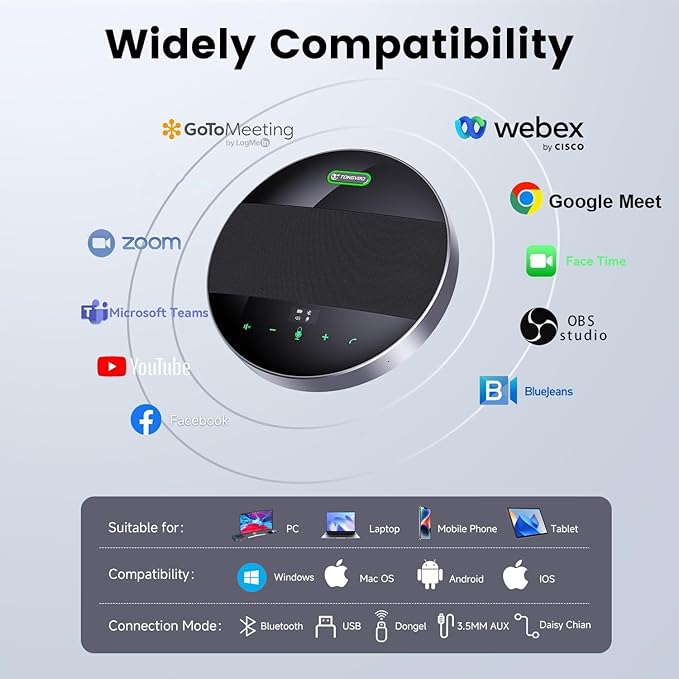 2-in-1 Conference Speaker and Microphone, Daisy Chain Wireless Bluetooth Speakerphone with 360° omnidirectional mics USB/Dongle/Bluetooth Connection 18H Talk Time for 15-30 People Meeting-DeskLoop Office