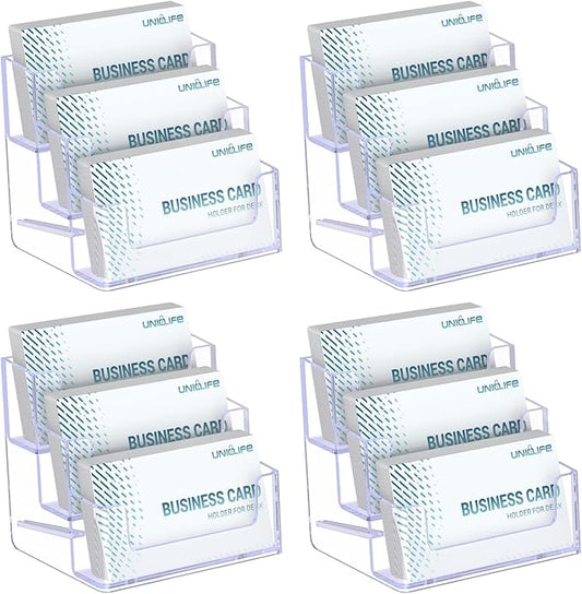 Uniclife 4 Pack Acrylic Business Card Holder for Desk 3 Slots Clear Business Card Display Stand for Men & Women Desktop Business Card Organizer Card Stand for Office Home Exhibition, 180 Card Capacity-DeskLoop Office