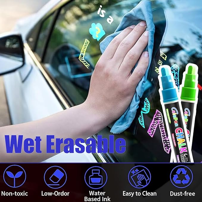Window Chalk Markers for Cars Glass Washable, 16 Colors Jumbo Liquid Chalk Marker Pens with 10mm 3 in 1 Nib Wide Tips, Big Chalkboard Markers Car Window Paint Pens for Auto, Bistro, Mirror, Poster-DeskLoop Office