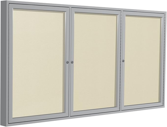 Ghent 48"x96" 3-Door Outdoor Enclosed Vinyl Bulletin Board, Shatter Resistant, with Lock, Satin Aluminum Frame - Ivory (PA34896VX-185), Made in the USA-DeskLoop Office