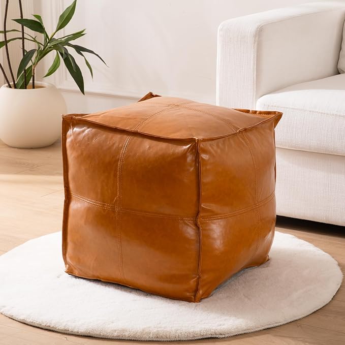 Pouf Ottoman Cover, 17.7" Square Unstuffed Pouf Cover, Faux PU Leather Moroccan Poofy Ottoman Footstool, Brown No Filler Footrest, Floor Chair Gifts Foot Rest for Living Room, (Only Cover)-DeskLoop Office