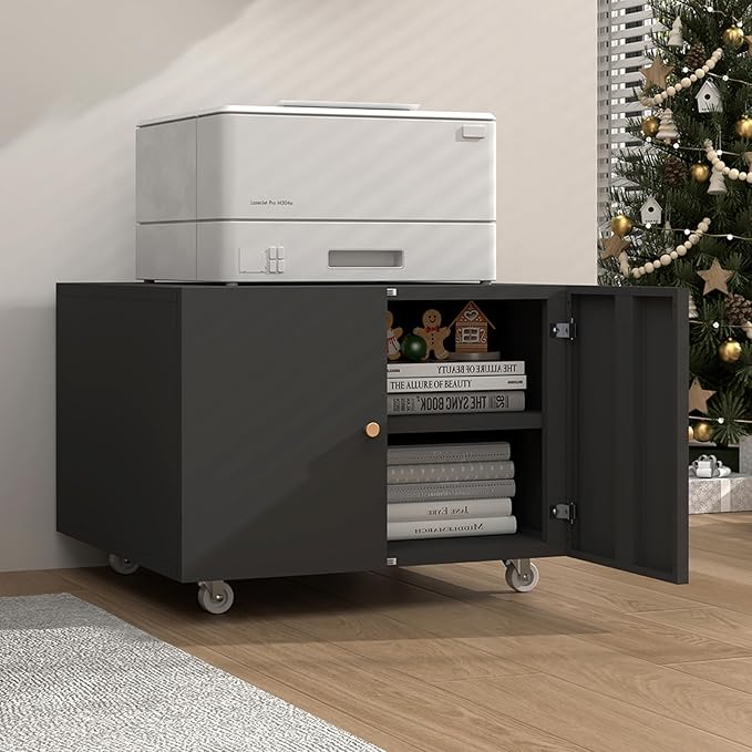 Small Space Printer Stand with Doors, Mini Fridge Stand for Laundry, 3D Printer Stand with Storage, Low Printer Table, Modern Under Desk for Home Office, Small Carts for Scanner, Fax-DeskLoop Office