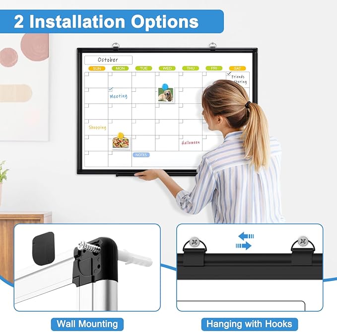 Dry Erase Calendar Whiteboard for Wall, WALGLASS 36" x 24" Magnetic White Board, Monthly Dry Erase Calendar with Silver Aluminum Frame, Double-Sided Hanging Portable Board for Office, Home, School-DeskLoop Office