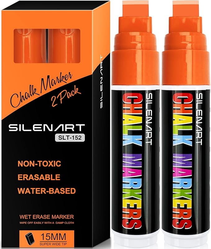 SILENART Orange Chalk Markers 2 Pack -15mm Jumbo Wide Thick Tip Auto Car Markers - Dry Erase Markers Pen - Orange Liquid Marker Pens for Chalkboard, Window, Glass, Mirror, Blackboard-DeskLoop Office
