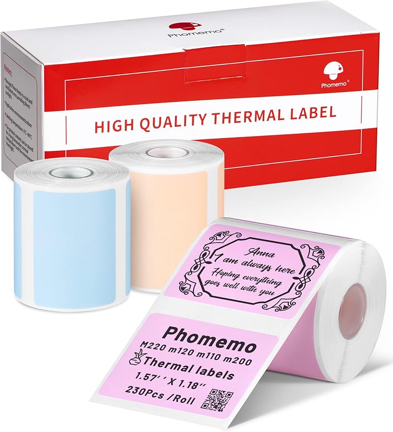 Phomemo Labels,Thermal Color Label,1.57'' x 1.18''Square Self-Adhesive Sticker Paper for Phomemo M110 M220 M221 M120 M108 M150 M250 M260 M160 M200 Printer, for Barcode,Name,Address (Pink/Blue/Khaki-DeskLoop Office