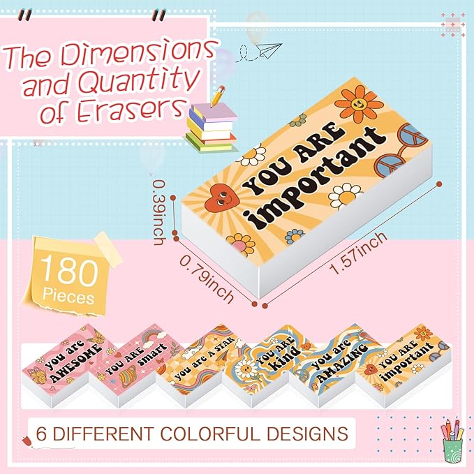 180 Pcs Inspirational Erasers for Kids Christian Pencil Erasers Bulk, Back-to-School Gifts Motivational and Cute Supplies for Students Classrooms, Drawing(Boho,Inspirational)-DeskLoop Office