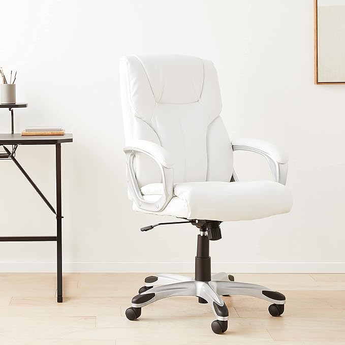 Amazon Basics Executive Home Office Desk Chair with Padded Armrests, Adjustable Height and Tilt, Rolling Swivel Chair, 275 Pound Capacity, White and Pewter-DeskLoop Office
