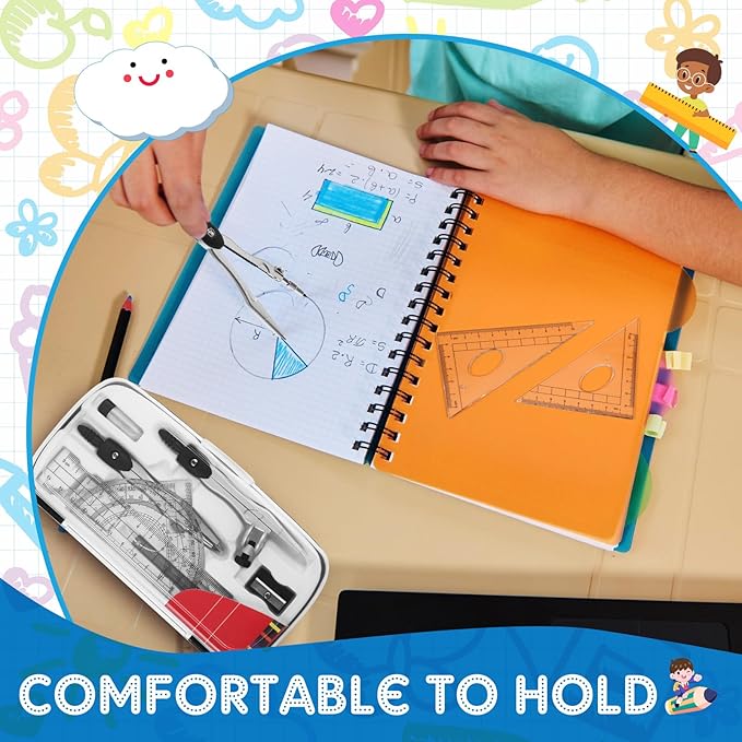 Teling 12 Sets Math Geometry Kit for Students 10 Pcs Compass Geometry Tools Set Includes Rulers Protractor Compass Eraser Pencil Sharpener Lead Refills Pencil (Black)-DeskLoop Office