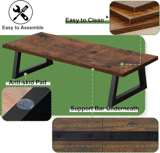 TEAMIX 24 inch Monitor Stand Riser, Rustic Brown Wood & Steel Computer Monitor Stand with Storage, Laptop, PC, Printer Stand Riser for Desktop Office Desk Organizers-DeskLoop Office