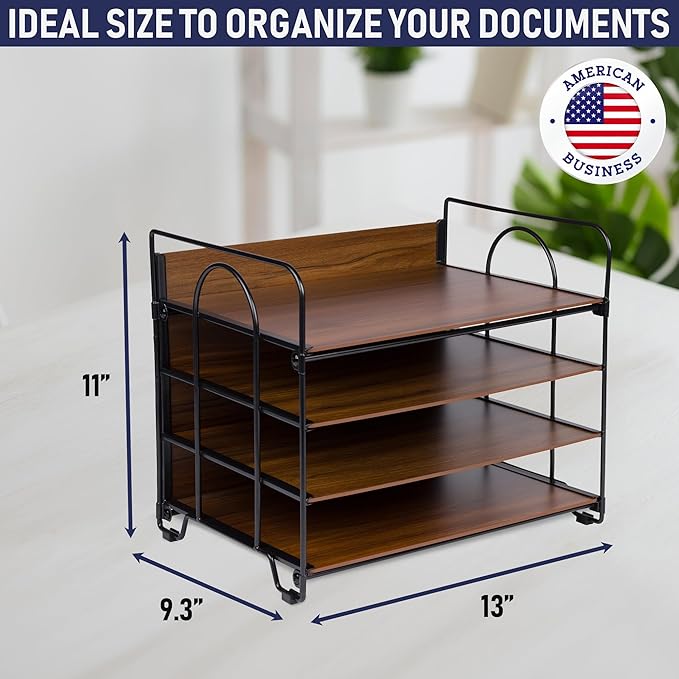 4-Tier Office Organizer, Desk File Organizer with Wood Patterned Shelves, Office Supplies Desktop Organization for Storage of Paper, Bills, Letters, Multi-Functional Desk Organization and Accessories-DeskLoop Office