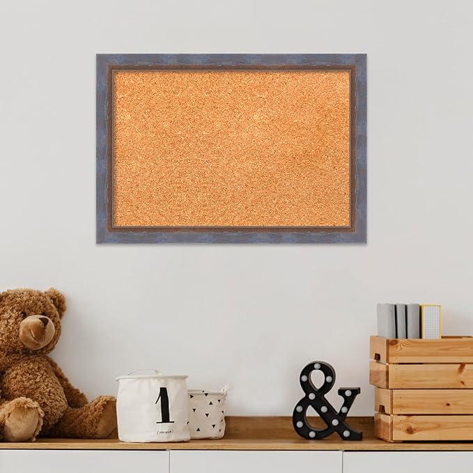 Amanti Art Natural Cork Board for Wall, 14x20 Vision Board with Blue Wood Frame, Small Corkboard Office Decor for Home Organization, Modern Corkboard Pinboard to Display Items for Home Organization-DeskLoop Office