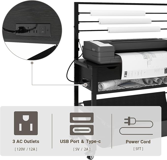 Natwind Wide Format Printer Stand, Plotter Workbench Table with Pull-Out Drafting Storage, Roll Paper Holder, Accessory Drawer, Adjustable Storage Shelf for Plotters and Cutting Machines (Black)-DeskLoop Office