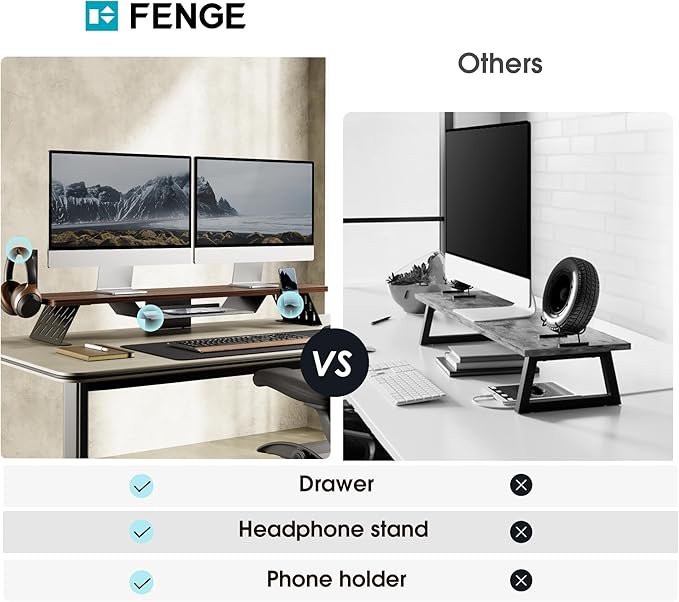 Fenge Dual Monitor Stand, 42.5 Inch Monitor Riser for Desk, Wood Desk Shelf for 2 Monitors, 2 Tier Monitor Shelf with Headphone Stand & Phone Holder-DeskLoop Office