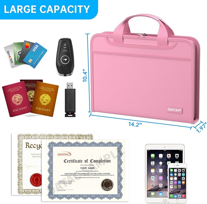 ENGPOW Accordion File Organizer,Fireproof Expanding File Folder with Multi Pockets,13 Pockets Document Organizer with Handle & Labels,Portable Home Travel Safe Storage Folder for Letter A4 Files,Pink-DeskLoop Office